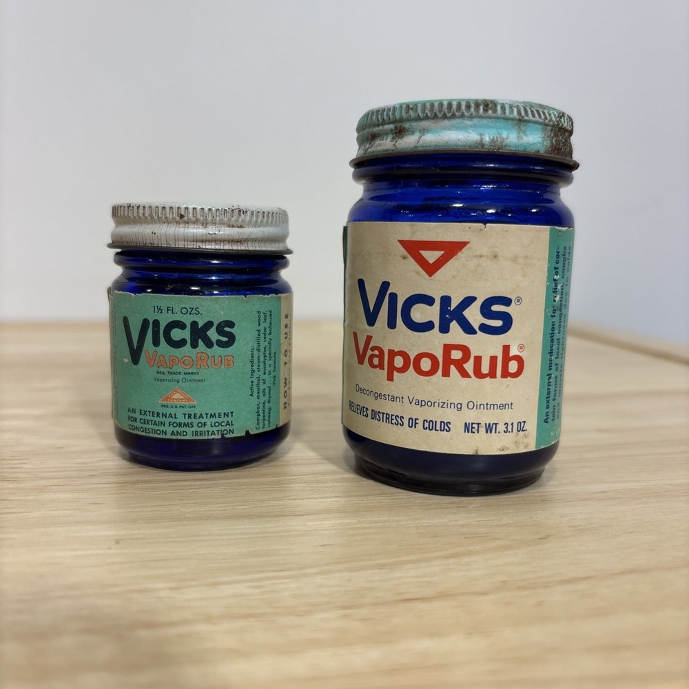 Vick's Vaporub Cobalt‎ Blue Jars Set of 2 1970's Metal Lids 3.1 oz 1.5 oz AS-IS